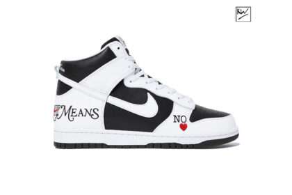 KICKWHO Sup X NIKE SB DUNK HIGH BY ANY MEANS WHITE BLACK