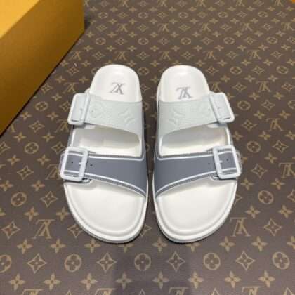 KICKWHO Louis Vuitton Grey And White Leather Trainer Slides