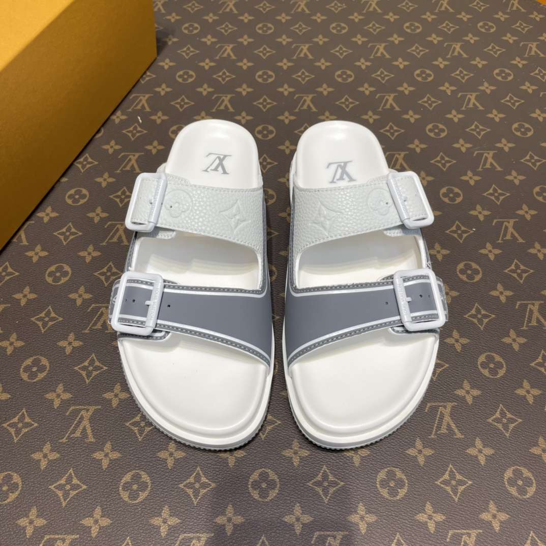 KICKWHO Louis Vuitton Grey And White Leather Trainer Slides
