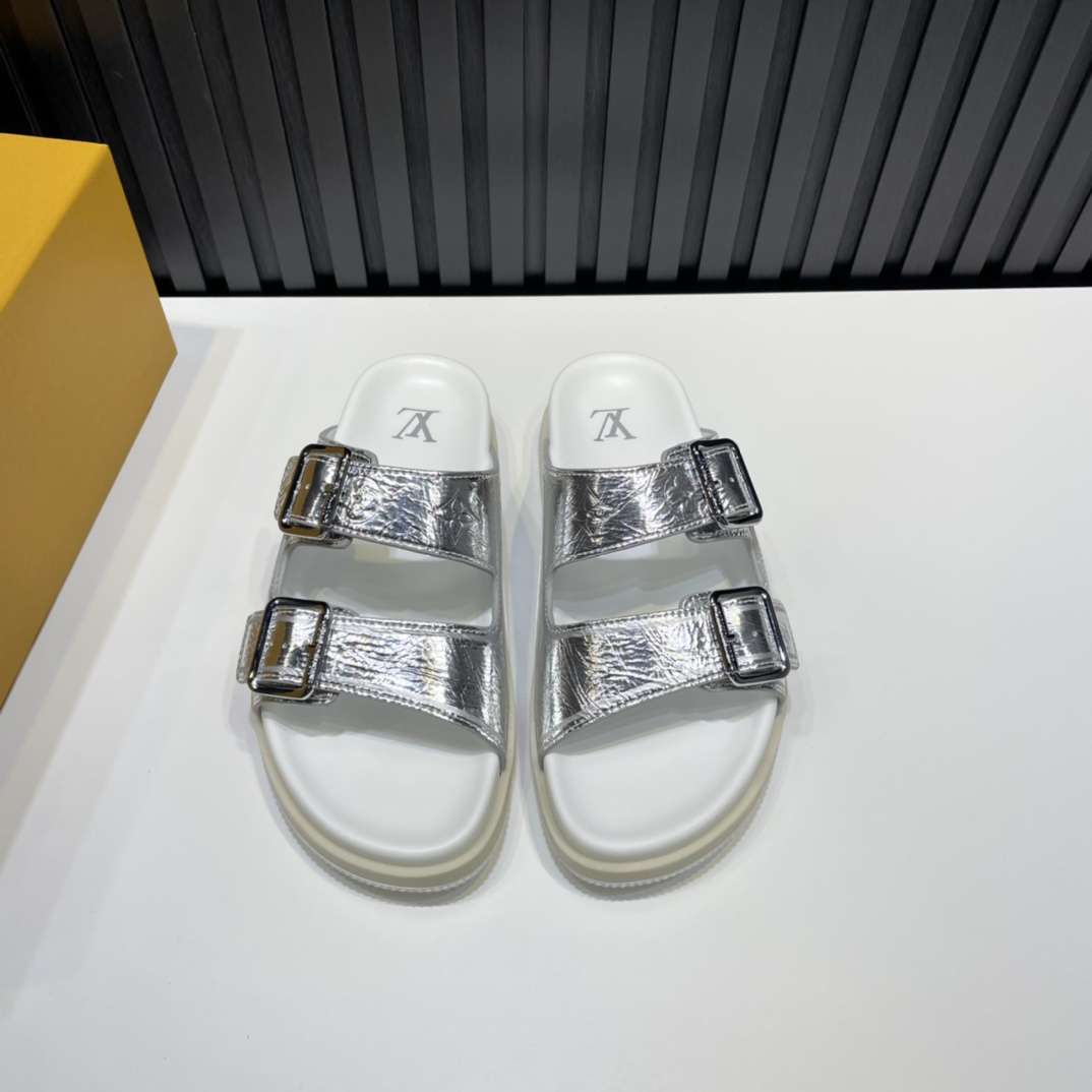 KICKWHO Louis Vuitton Silver Trainer Slides
