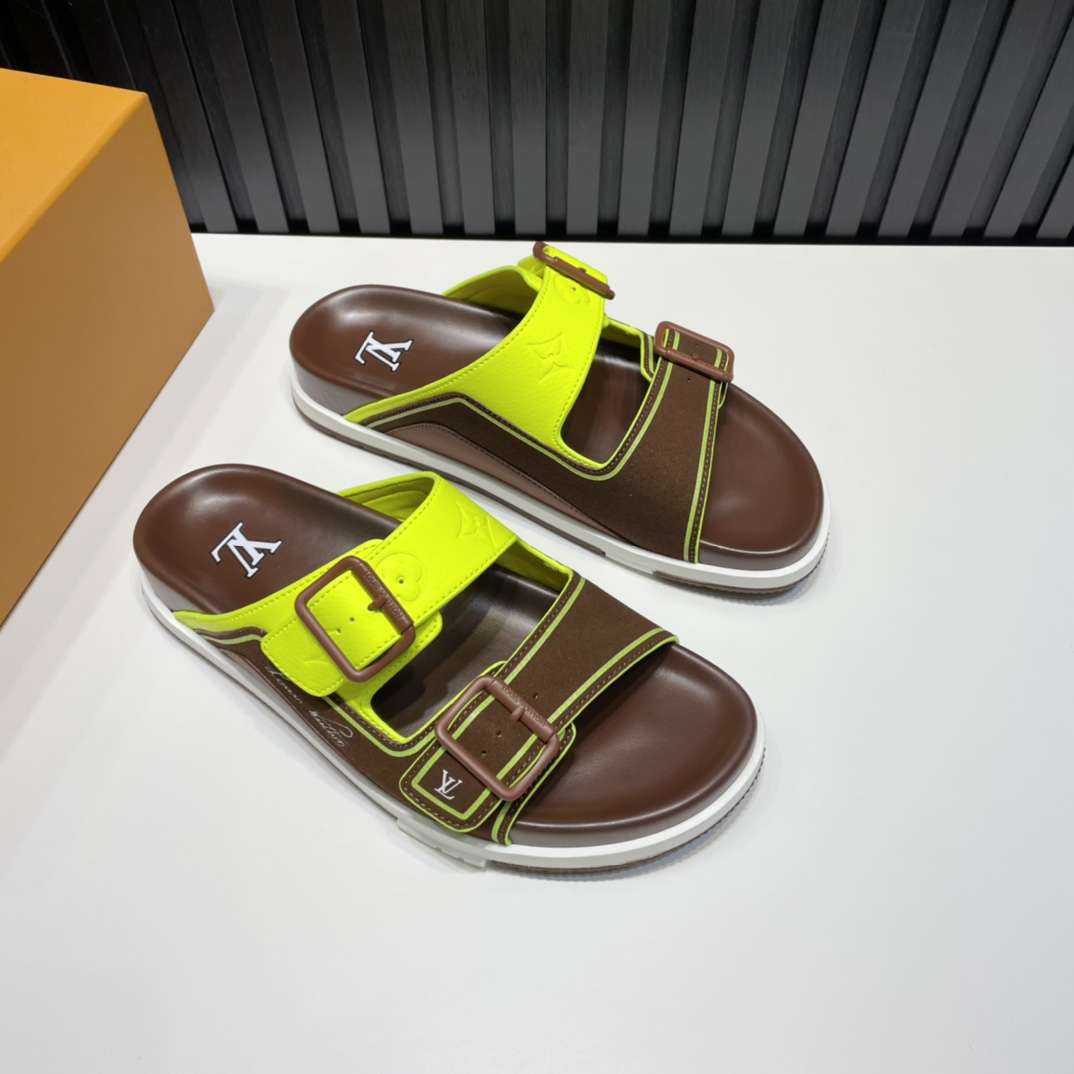 KICKWHO Louis Vuitton Green/Brown Leather and Suede Trainer Flat Slides - Image 3