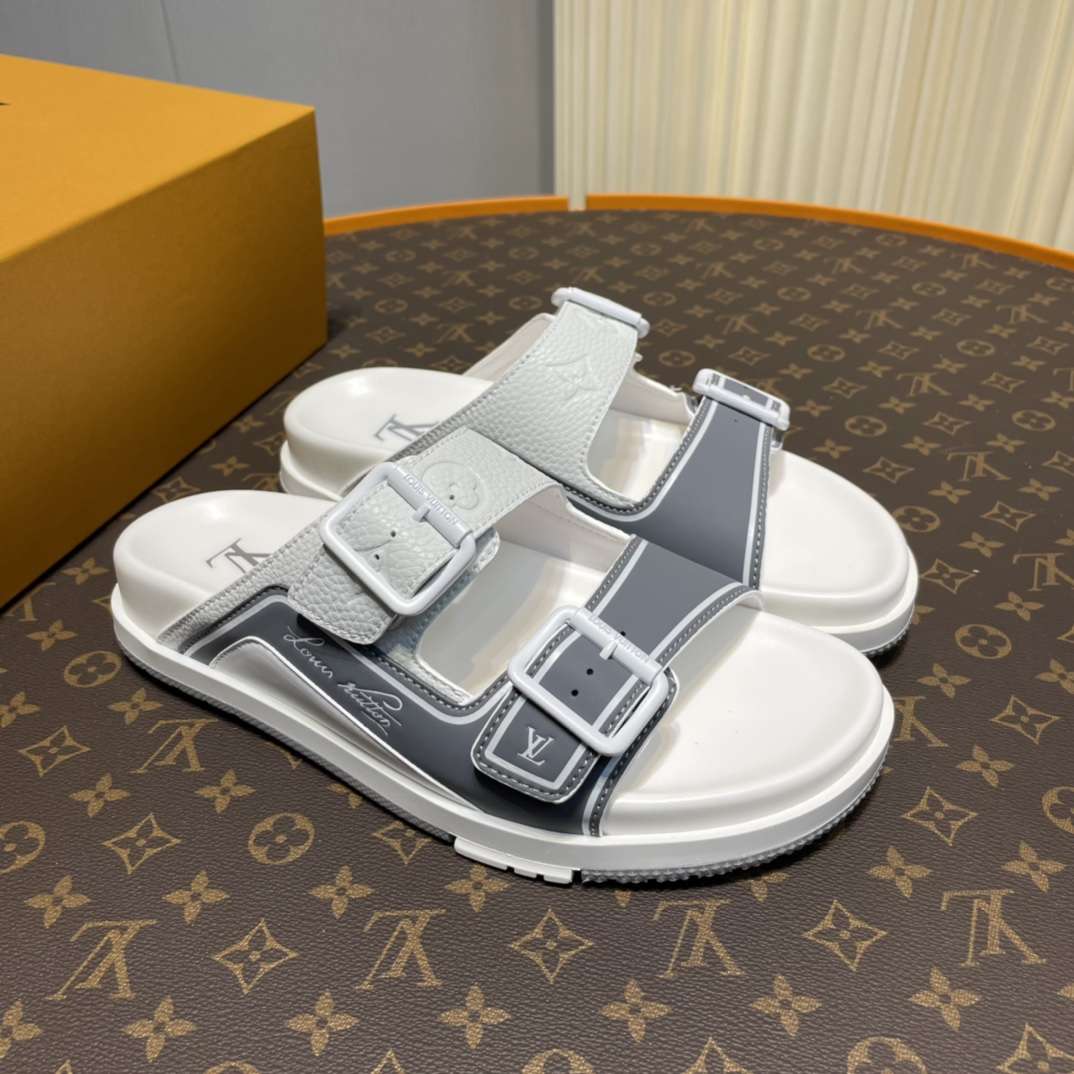 KICKWHO Louis Vuitton Grey And White Leather Trainer Slides - Image 2