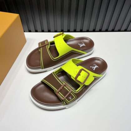 KICKWHO Louis Vuitton Green/Brown Leather and Suede Trainer Flat Slides