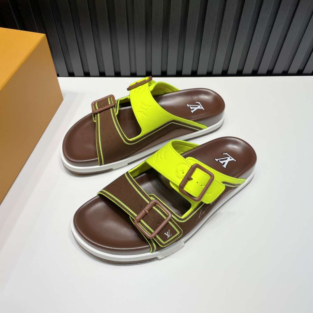 KICKWHO Louis Vuitton Green/Brown Leather and Suede Trainer Flat Slides