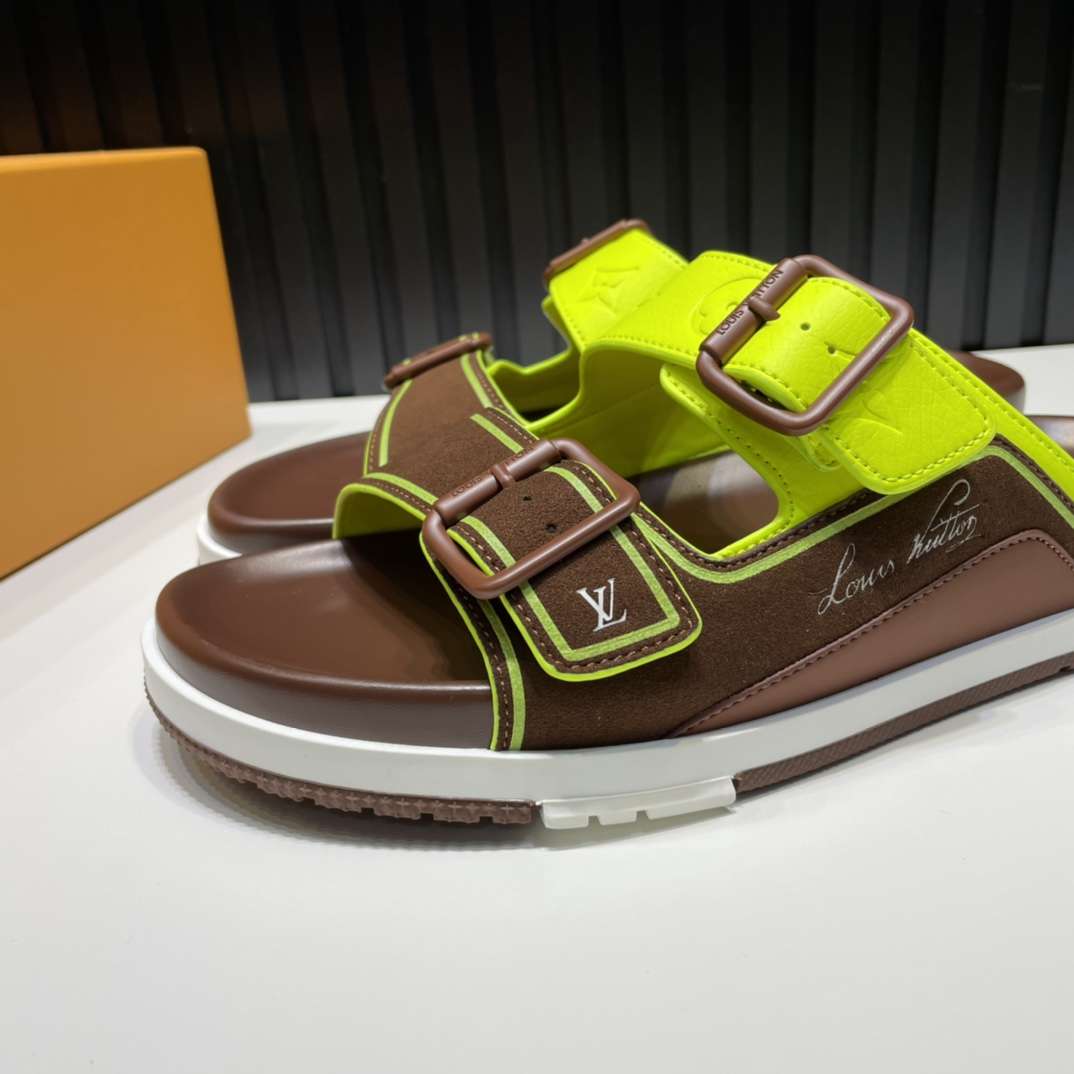 KICKWHO Louis Vuitton Green/Brown Leather and Suede Trainer Flat Slides - Image 4