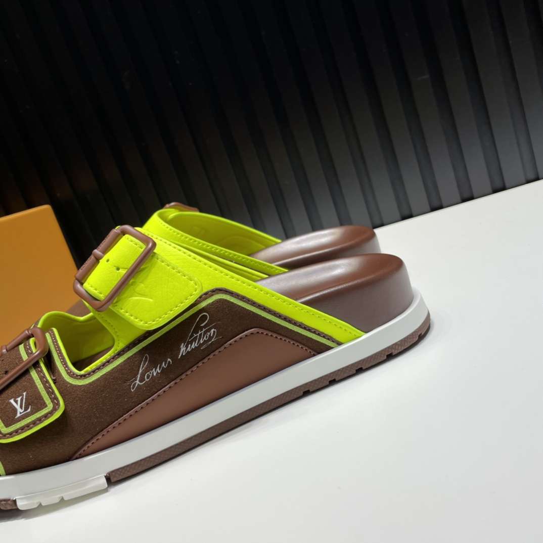 KICKWHO Louis Vuitton Green/Brown Leather and Suede Trainer Flat Slides - Image 5