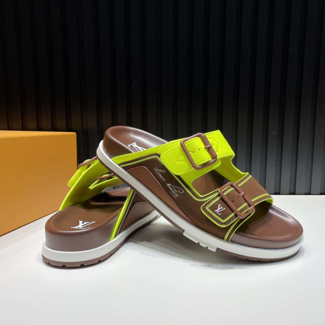 KICKWHO Louis Vuitton Green/Brown Leather and Suede Trainer Flat Slides - Image 6