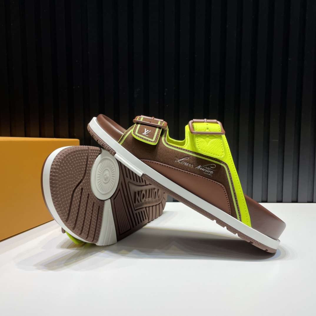 KICKWHO Louis Vuitton Green/Brown Leather and Suede Trainer Flat Slides - Image 7