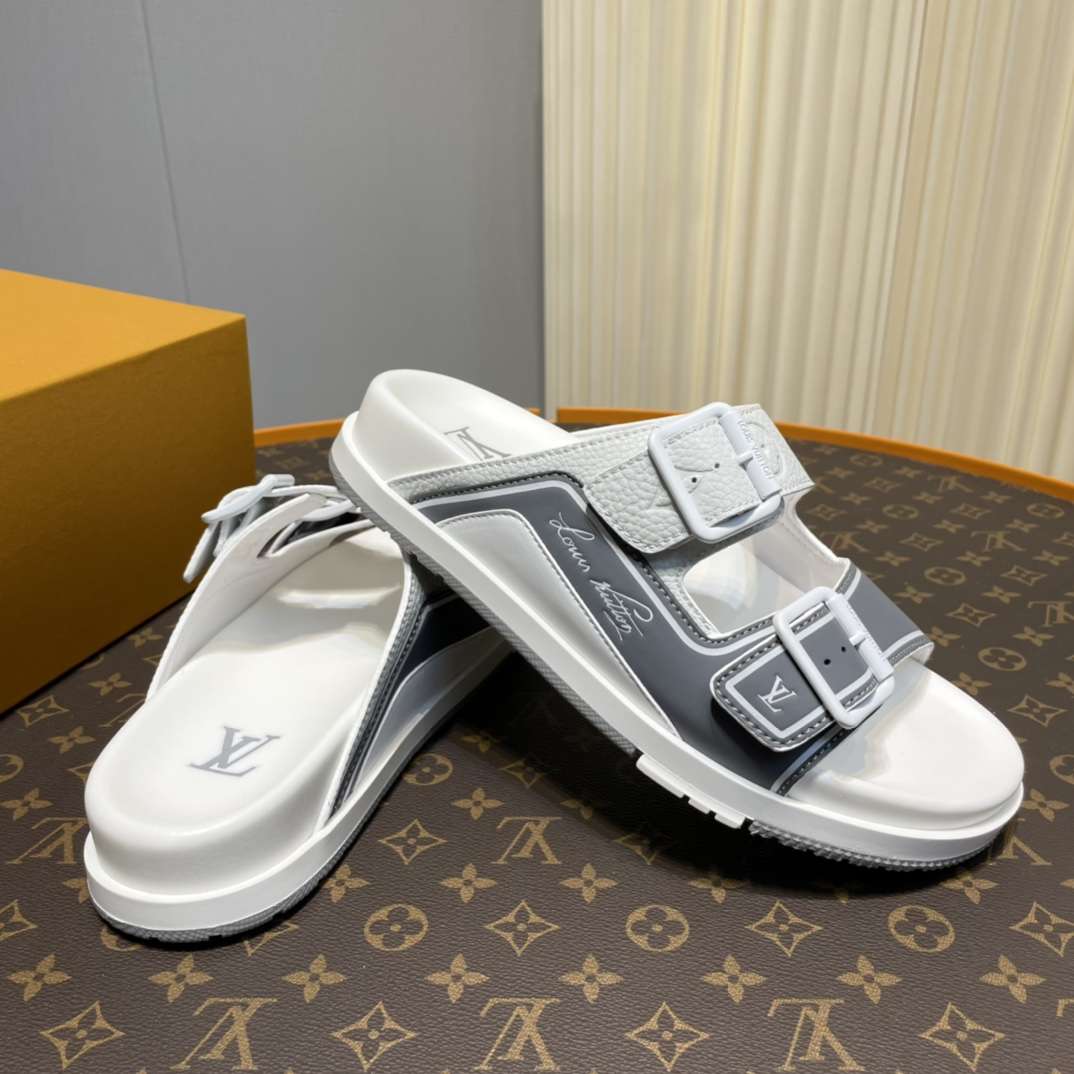 KICKWHO Louis Vuitton Grey And White Leather Trainer Slides - Image 7