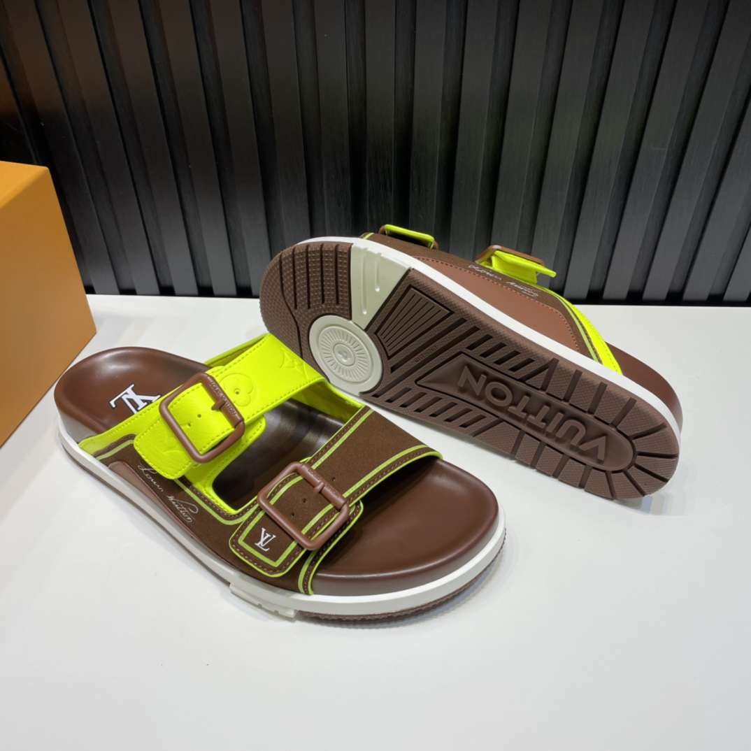 KICKWHO Louis Vuitton Green/Brown Leather and Suede Trainer Flat Slides - Image 8