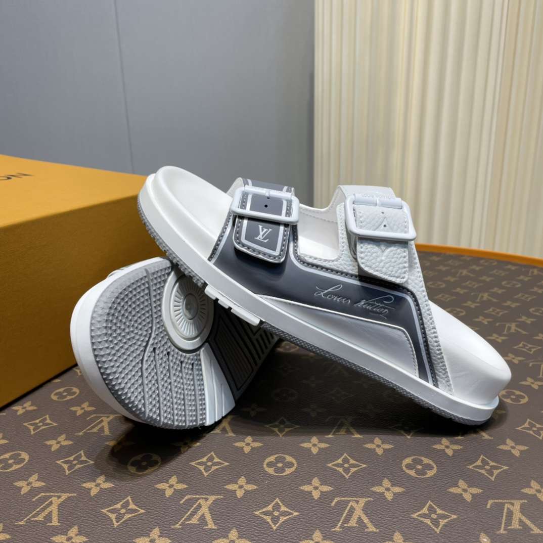 KICKWHO Louis Vuitton Grey And White Leather Trainer Slides - Image 8