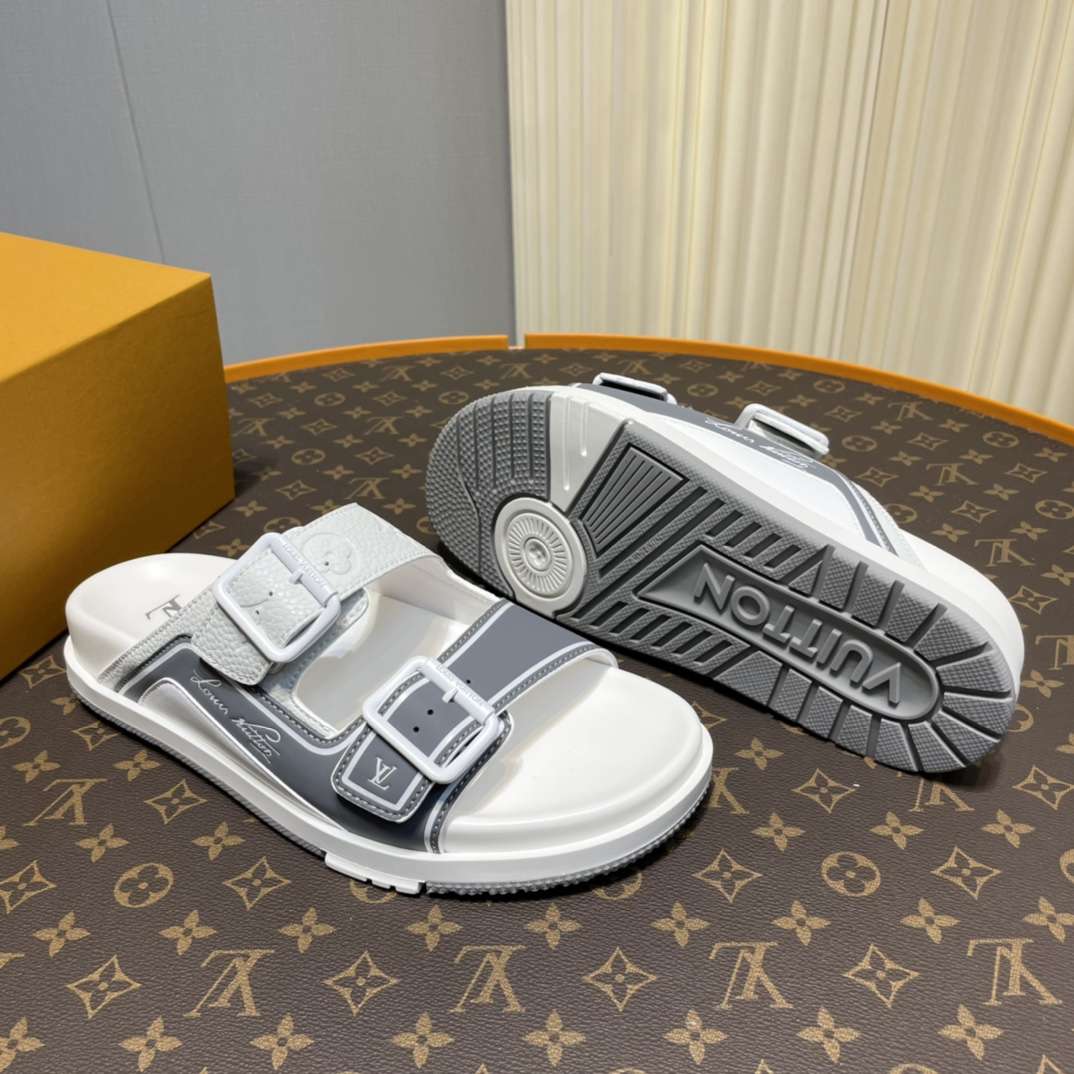 KICKWHO Louis Vuitton Grey And White Leather Trainer Slides - Image 9