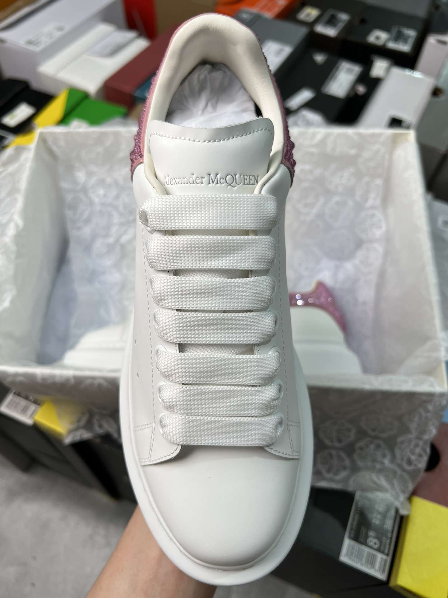 Kickswho Alexander Mcqueen Oversized Sneaker in White with Strass Spoiler Pink - Image 3