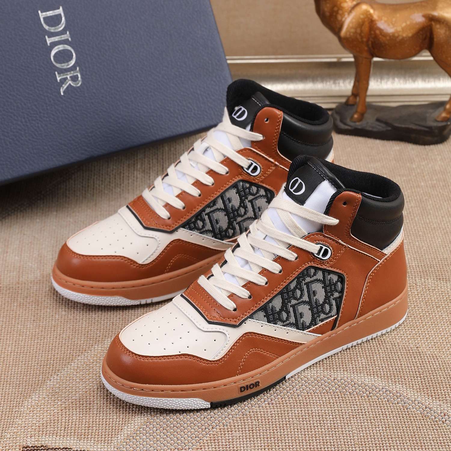 KICKWHO New Dior B27 High Top Sneakers Oblique Jacquard "Brown And White"