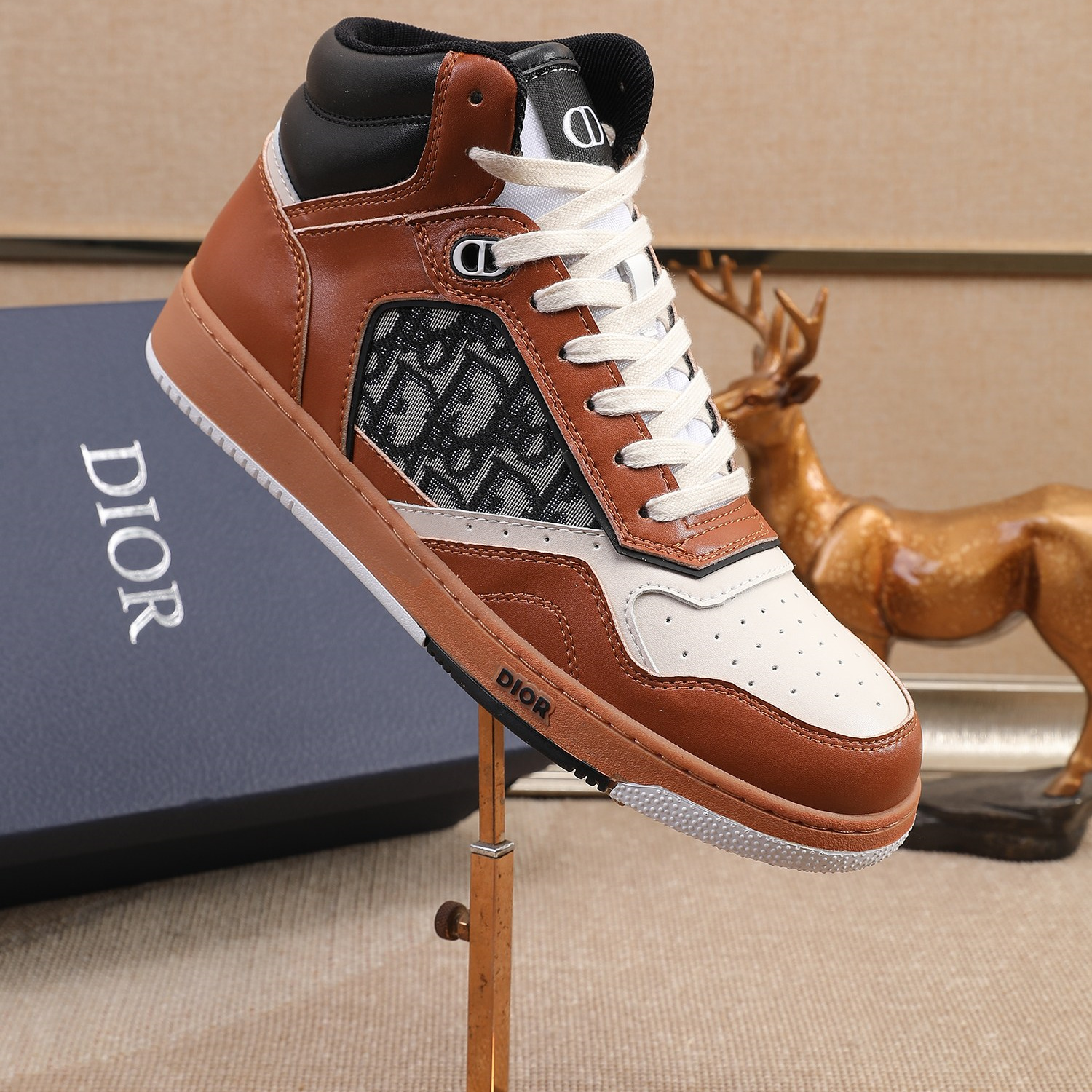 KICKWHO New Dior B27 High Top Sneakers Oblique Jacquard "Brown And White" - Image 2