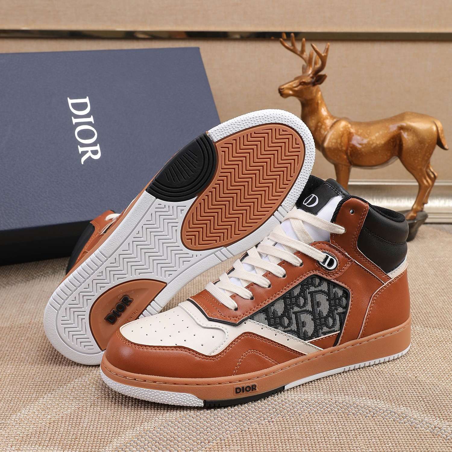 KICKWHO New Dior B27 High Top Sneakers Oblique Jacquard "Brown And White" - Image 3
