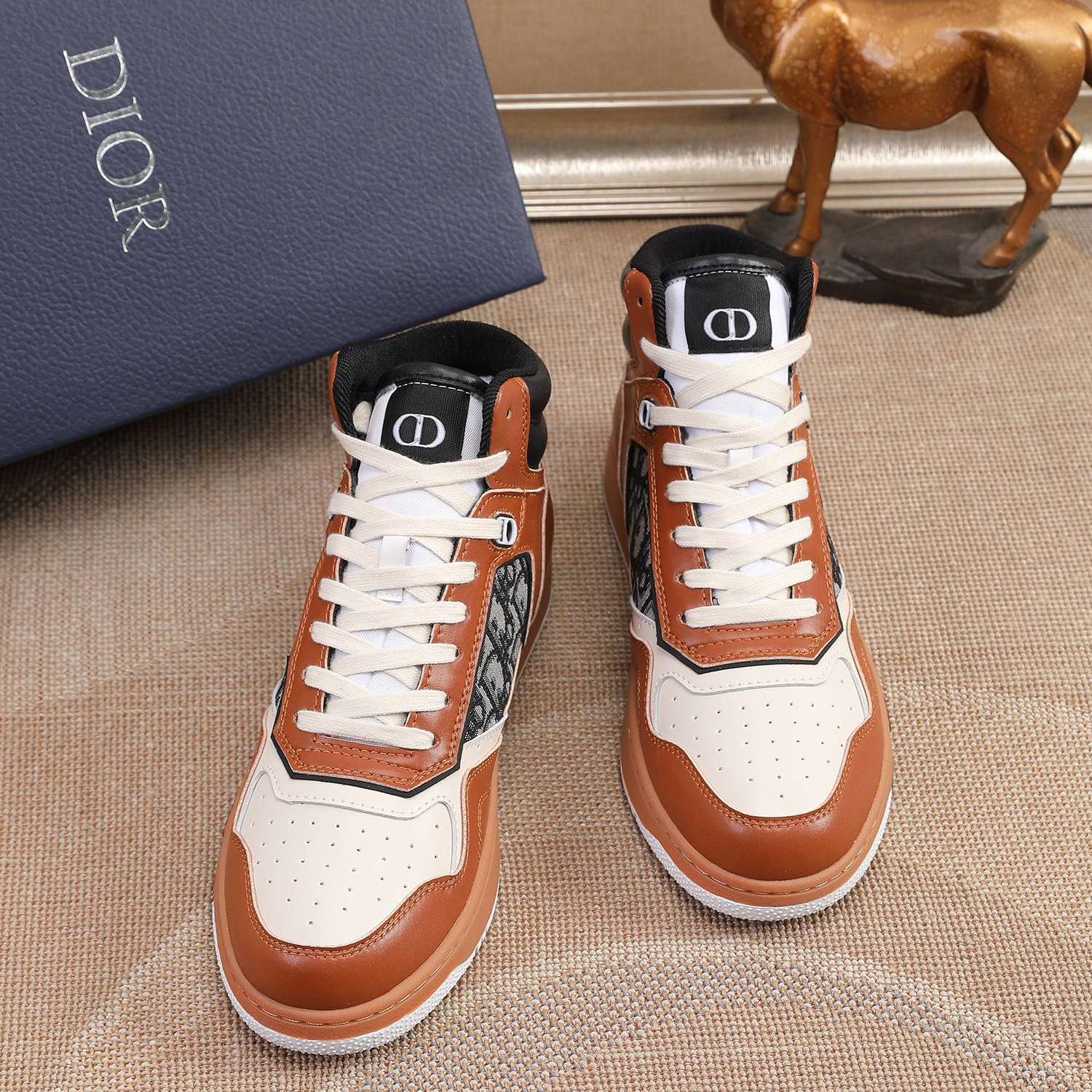 KICKWHO New Dior B27 High Top Sneakers Oblique Jacquard "Brown And White" - Image 4