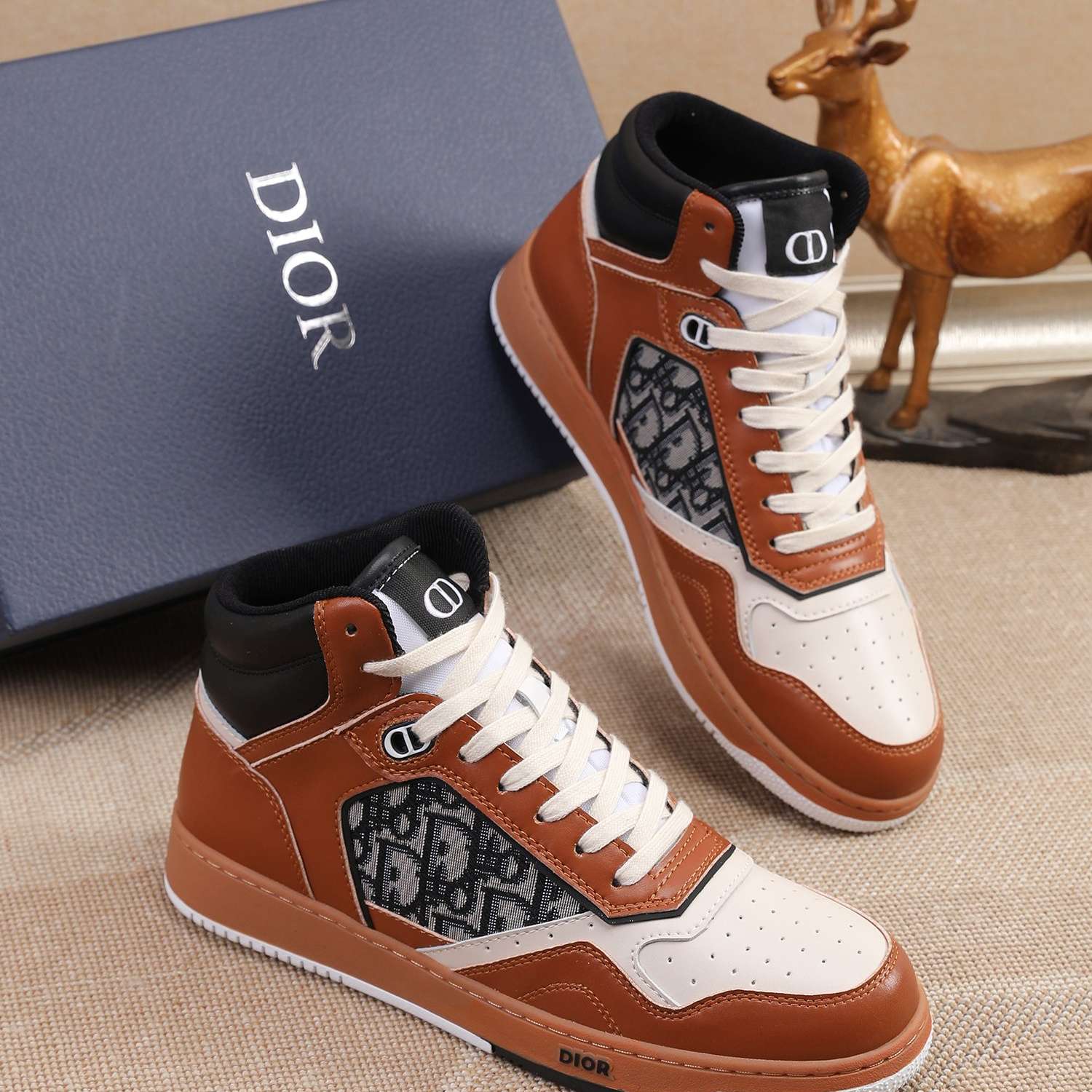 KICKWHO New Dior B27 High Top Sneakers Oblique Jacquard "Brown And White" - Image 5